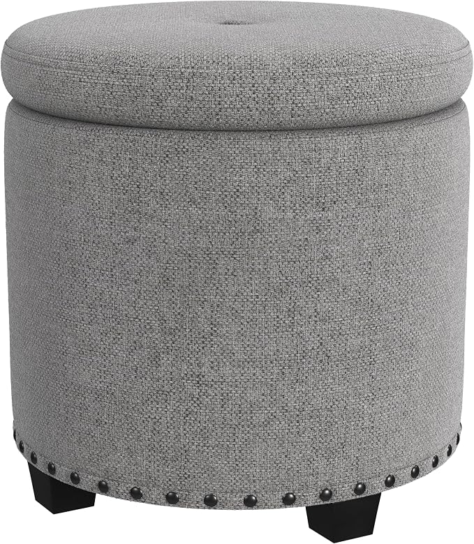 HomePop 18.5" Round Storage Ottoman with Nailheads - Heathered Gray