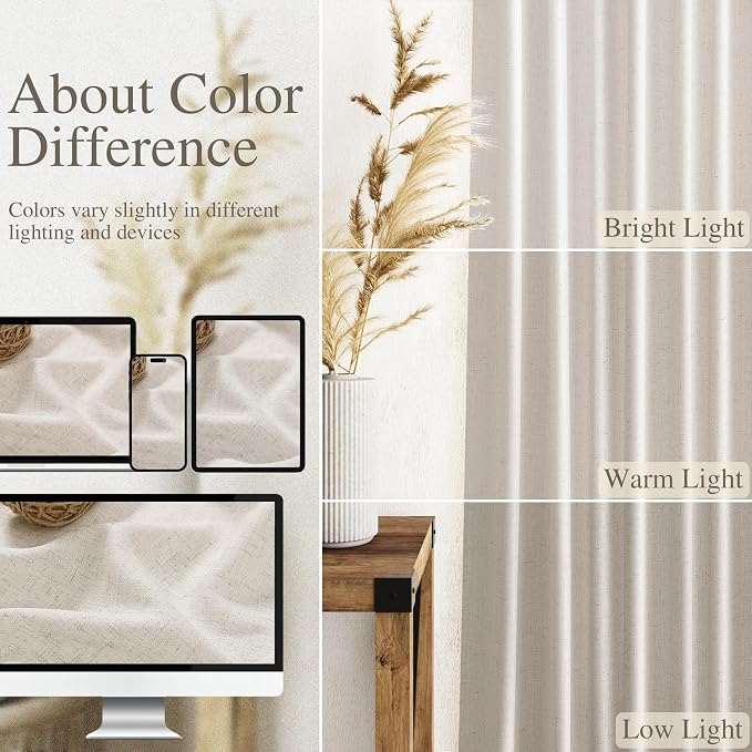 Nanspring Pearl White Curtains 90 Inches Long for Living Room Linen Light Filtering Semi Sheer Curtain Back Tab Rod Pocket Coastal Decor Neutral Elegant Gray Drapes for Bedroom 52x90, 2 Panels