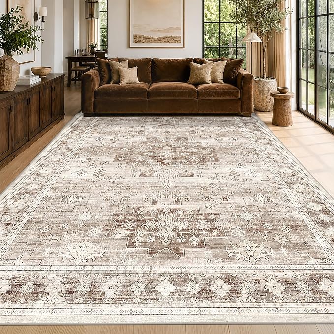 Boho Beige Rug for Living Room - Washable 10x12 Area Rug, Dining Room Rugs for Under Table, Soft Low Pile Carpet for Bedroom - Farmhouse Decor, Non-Slip & Stain Resistance (10x12 Beige/Latte)