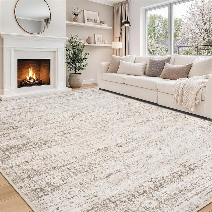 8x10 Area Rugs for Living Room Rug Washable: Modern Large Rug for Dining Room Bedroom Carpet Non Slip 8 by 10 Indoor Abstract Nursery Home Office Beige Ivory