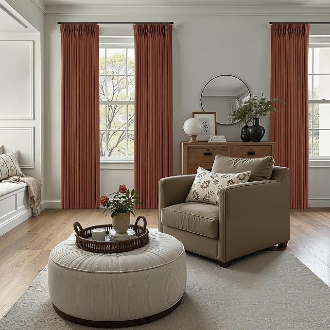 Terracotta Burnt Orange Thick Linen Curtains Pinch Pleated 102 Inch Length 2 Panels for Living Room Bedroom Semi Sheer Light Filtering Heavy Linen Drapes