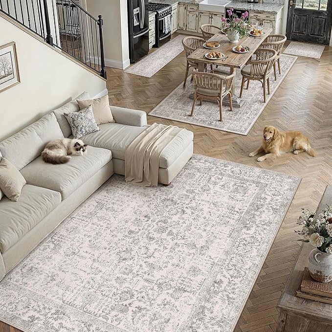 PureCozy Gray Area Rug 5x7 Machine Washable Vintage Living Room Distressed Non Slip Carpet Traditional Indoor Bedroom Grey Retro Floral Accent Throw Large Rug for Office Kitchen Bathroom Dining Room