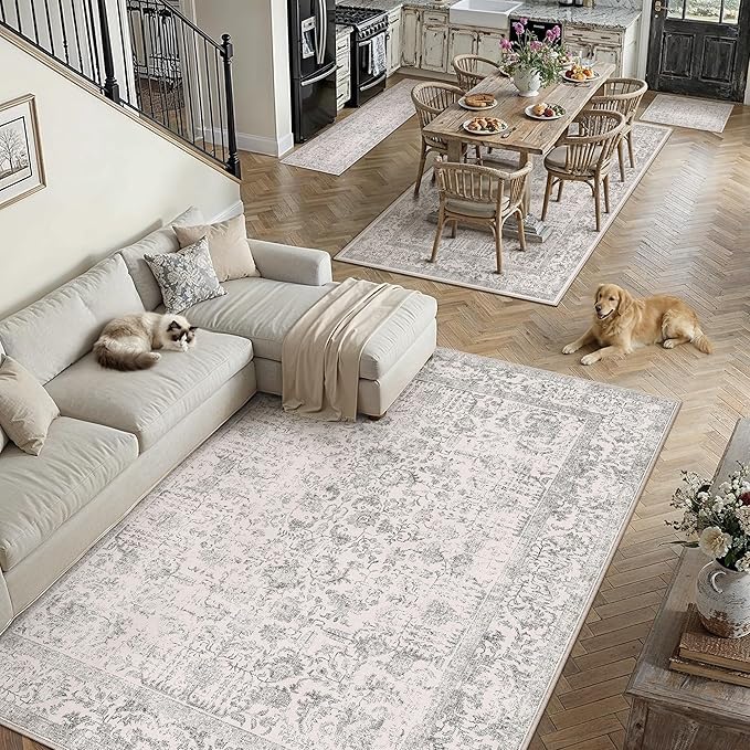 PureCozy Gray Area Rug 8x10 Machine Washable Large Vintage Living Room Distressed Non Slip Carpet Traditional Indoor Bedroom Grey Retro Floral Accent Throw Rug for Office Kitchen Dining Room