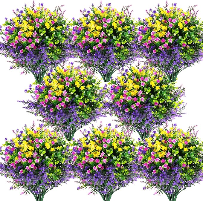 Hananona 48 Pcs Artificial Flowers Outdoor, Faux Artificial Plants UV Resistant Plastic Flower Bulk for Hanging Planter Porch Window Home Wedding Fall Summer Decor (48, Fuchsia, Purple, Yellow, Green)