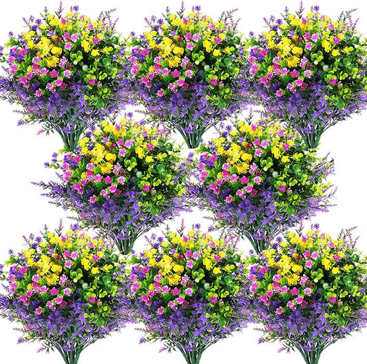 Hananona 48 Pcs Artificial Flowers Outdoor, Faux Artificial Plants UV Resistant Plastic Flower Bulk for Hanging Planter Porch Window Home Wedding Fall Summer Decor (48, Fuchsia, Purple, Yellow, Green)