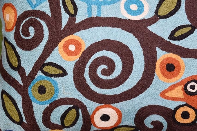 Lumbar Cushion Cover Hand Embroidered Wool 13x21 (Blue Birds Lumbar Pillow Cover)