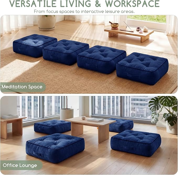 HIGOGOGO 6" Extra Thick Floor Pillow Cushion for Adults, Meditation Cushion Pillow with Handle, Lustrous Chenille Tufted, Square Floor Sitting for Tatami Living Room or Yoga, 22x22 Inch, Navy