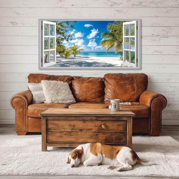 Ggaafet Tropical Beach Window Wall Art for Living Room Canvas Painting Prints Beautiful Palm Tree Art Deco Modern Artwork Office Bedroom Family Room Decor Large