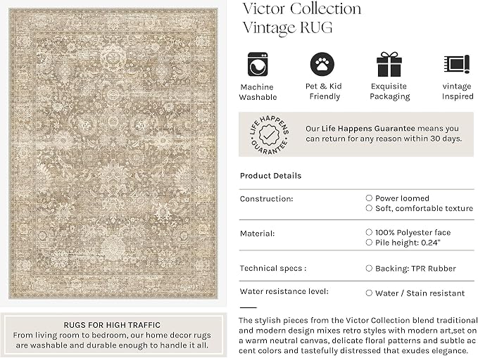 HUGEAR Hallway Runner Rugs 2x6 Beige Washable Rug Neutral Vintage Rug Carpet Distressed Soft Durable Non Slip No Shedding for Indoor Bedroom Kitchen Dining Nursery Laundry
