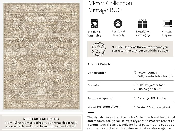 HUGEAR Area Rugs 5x7 Beige Washable Rug for Living Room Bedroom Neutral Vintage Rug Carpet Distressed Soft Durable Non Slip No Shedding for Indoor Dining Nursery Farmhouse