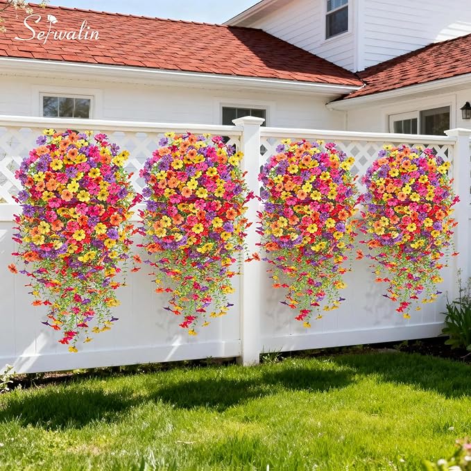 Serwalin 12PCS Artificial Hanging Flowers for Outdoors, UV Resistant Fake Hanging Plants, Realistic Weatherproof Outdoor Decor for Patio,Garden & Window (Yellow, Hot Pink, Purple &Orange,12PCS)