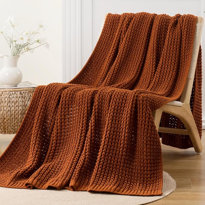 Bunnikins & Clover Knitted Waffle Blanket Throw, Fall Throw Blanket for Home Decoration, Caramel Throw Blanket for Couch, 60"x80"
