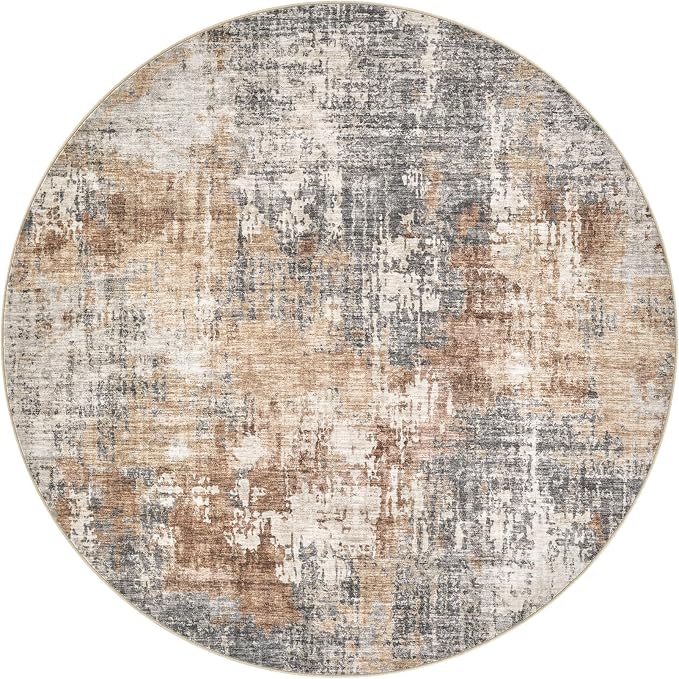 DMOYEST 6ft Round Area Rug Living Room Rugs - 6x6 Washable Large Soft Indoor Neutral Modern Abstract Low Pile Rug Carpet for Bedroom Dining Room Farmhouse Home Office - Grey Brown