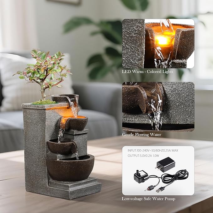 Tolevoit Tabletop Water Fountain Resin Retro Four Cups Vintage Room Decor Lavatory Indoor Decoration Relaxation Waterfall Zen Ambience