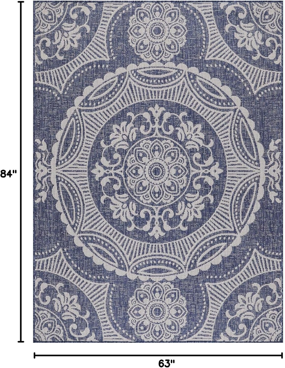 Medallion Outdoor Rug 5x7 Washable Outside Carpet for Indoor Patio Porch Waterproof Easy Cleaning Non Shedding Area Rugs Blue 5 x 7