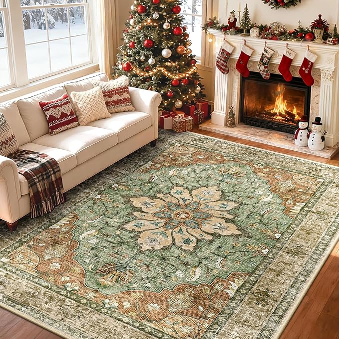 RELEANY Area Rugs 5'x8' Washable Non-Slip, Floral Vintage Distress Print Pattern Medallion Carpet for Living Room Bedroom Dining Room, Brick Red Rust Neutral Brown Burnt Orange Green