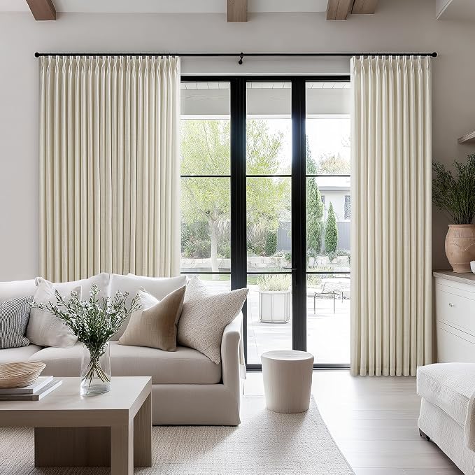 Extra Wide Pinch Pleat Curtains 84 Inches Long for Patio Sliding Glass Door Beige Oatmeal Linen 70 Inch Wide Curtain Memory Trained Pleated Drapes Hooks Rings 70x84 Curtain for Large Window 1 Panel
