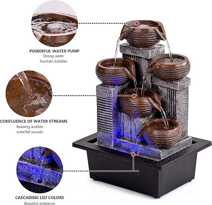 Father'sDen Collection Indoor Fountains and Waterfalls from 5-Tiered Pots-12”H Tabletop Water Fountain-Desk Fountain-Office Decor with Audible Calming Waterfall Sounds-Zen Fountain with Color Lights