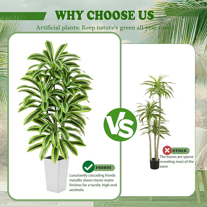 Artificial Yellow Dracaena Tree - 6FT Tall Fake Plants with White Tall Planter - Artificial Plants Indoor Floor Plant in Pot - Large Tropical Fake Yucca Potted Tree for Home Office Living Room Decor