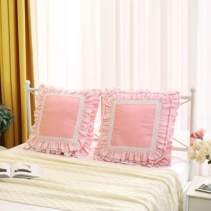 2-Pack Luxury Lace Pink Euro Shams Throw Pillow Covers Cushion Cases with Ruffles Cotton 26"X26" Zipper Closure Elegant