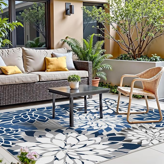4x6 Outdoor Area Rug Washable Multicolored Patio Rug Tropical Botanical Floral Chenille Waterproof Outdoor Carpet for Living Room, Deck, Backyard, Porch, Blue
