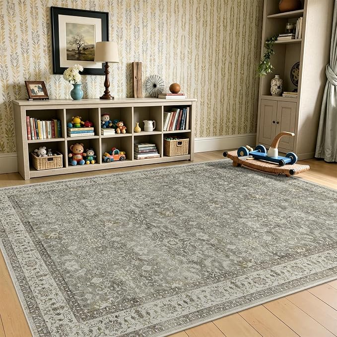 Neutral Gray Large Area Rugs 9x12 Living Room, Washable Non Slip Low Pile Big Carpet for Bedroom Dining Room, Modern Faromhouse French Print Decorative Rug for Family Room, Gray/Beige/Olive