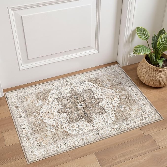 Tortania Area Rug 2x3 Doormat - Washable Vintage Oriental Farmhouse Soft Thin Indoor Carpet for Living Room Bedroom Hallway Entryway Kitchen - Brown