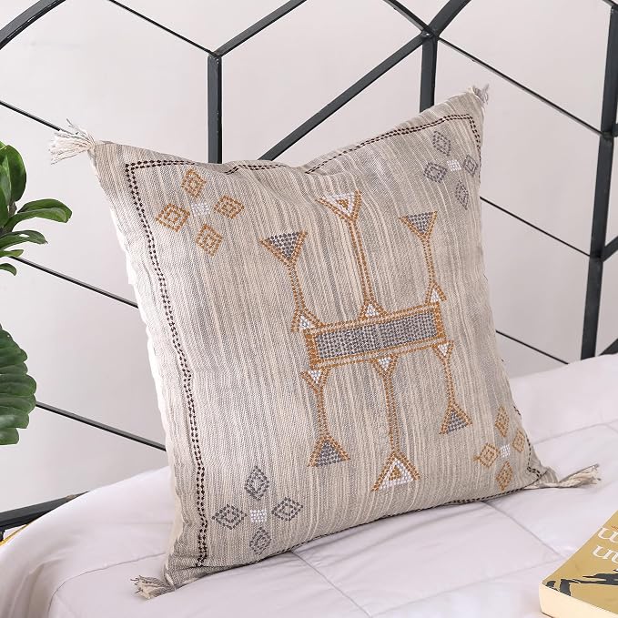 Moroccan Pillow Cover (20 X 20 inches) | Hand-Woven Sabar Silk Pillow Linen Cover | Rustic Home Décor Bohemian Cushion Linen | Square Cotton Pillow Case | Farmhouse Decorative Throw Pillow Dress