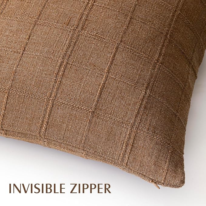 Foindtower Set of 2 Decorative Linen Check Throw Pillow Covers Neutral Farmhouse Vintage Cushion Covers Modern Boho Home Decor for Sofa Chair Couch Bedroom Living Room,16×16 Inch,Brown Hazel