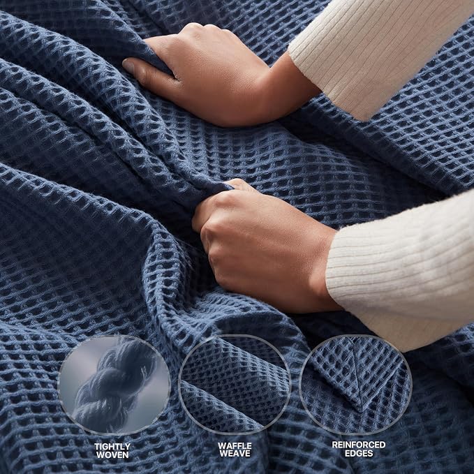 Madison Park 100% Cotton Blanket, Trendy Woven Waffle Weave Design, All Season, Lightweight, Breathable, Soft and Cozy Casual Summer Cover, for Bed, Couch and Sofa, King(108 in x 90 in), Indigo