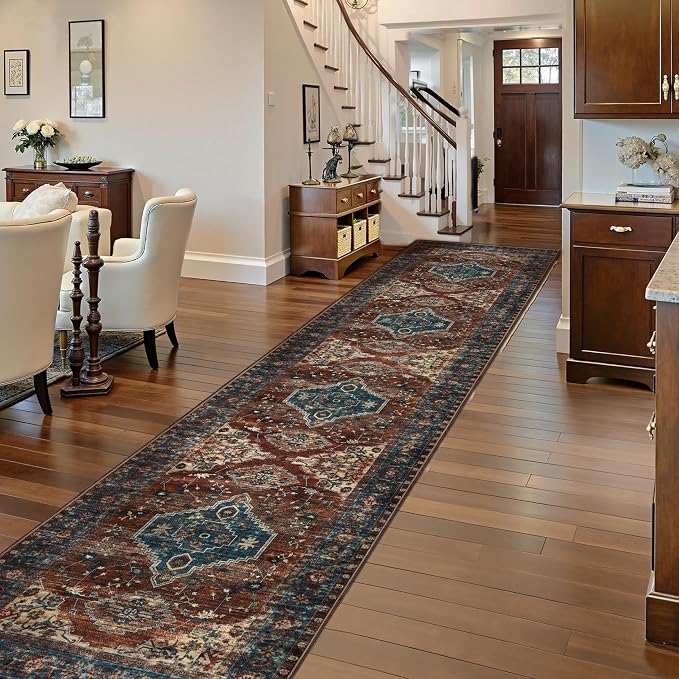 Tangsoo Oriental 2.6x14 Runner Rug for Hallways Non Slip, Washable Runner Rug, Soft Low Pile Long Rug Runners, Boho Print Distressed Carpet Runners for Kitchen Bedroom Entryway Living Room Rust