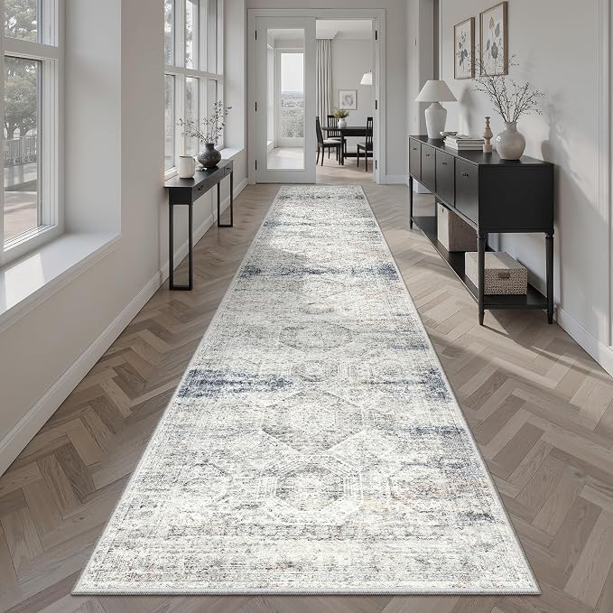 Soalmost Runner Rug 2x12 Washable Non-Slip Hallway Runner Rugs for Kitchen Bathroom Laundry Room Blue Ivory Vintage Floor Carpet Runners for Hallways Entryway