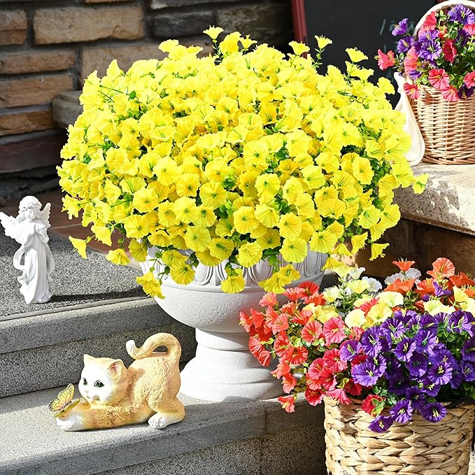 Waipfaru 24 Bundles Artificial Flowers for Outdoors Faux Plants Outdoor, UV Resistant Artificial Plants, Silk Petunias Fake Flowers for Outside Home Decor Planter Porch Decoration, Yellow