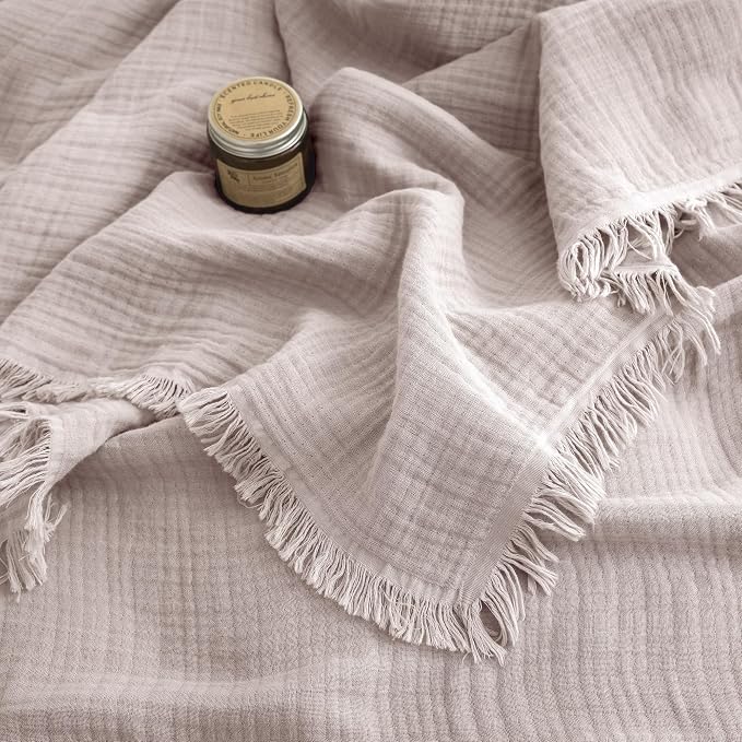 FOSSA Muslin Blanket 4-Layer 100% Cotton Gauze Blanket with Fringe 50"x70" | Super Soft Breathable Lightweight All Season & Decorative Blanket or Bed, Sofa, Office (Greyish Pink,Throw XL)