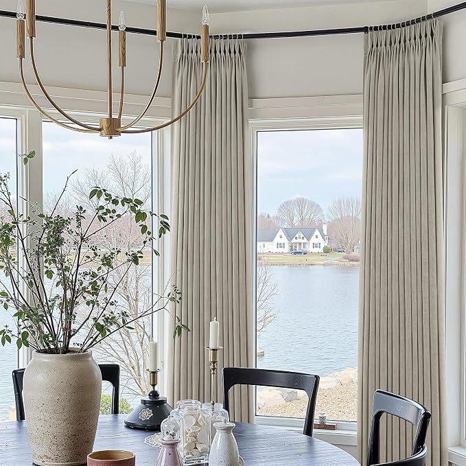 Grey Beige Pleated Linen Curtains 102 Inch Length 2 Panels Set Semi Sheer Light Filtering Tan Brown Window Drapes for Living Room Modern Viral Pinch Pleated Curtains 102 Inches with Hooks Rings Clips