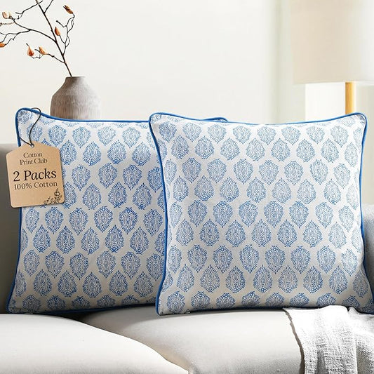 CPC 100% Cotton Throw Pillow Covers 18x18 Inch, Set of 2 Green Block Print Pattern Couch Pillow, Cute Boho Decorative Pillows for Living Room, Bedroom with Hidden Zipper- Royal Blue