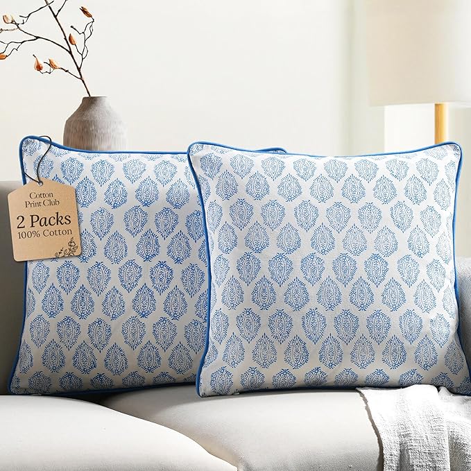 CPC 100% Cotton Throw Pillow Covers 24x24 Inch, Set of 2 Green Block Print Pattern Couch Pillow, Cute Boho Decorative Pillows for Living Room, Bedroom with Hidden Zipper- Royal Blue