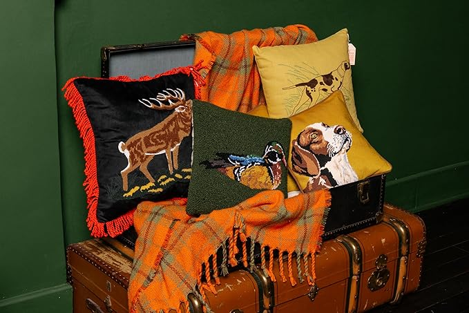 Camp Wandawega Pointer Chain-Stitched Throw Pillow, Vintage Lodge Decorative Pillow, 16" Square