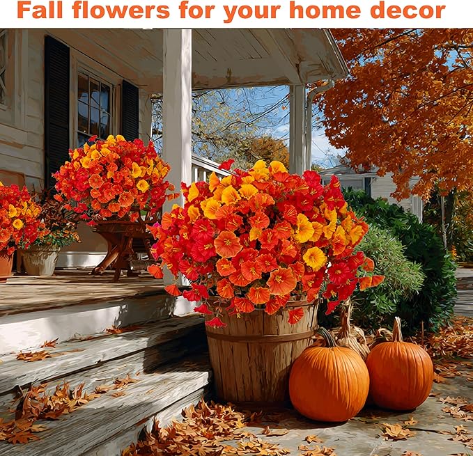 AXYLEX Artificial Fall Flowers Outdoor Fake Mums - 16 Bundles Fake Plants UV Resistant No Fade Faux Plastic Greenery Garden Morning Glory Home Decor (1, MixedFall 4 Colors)