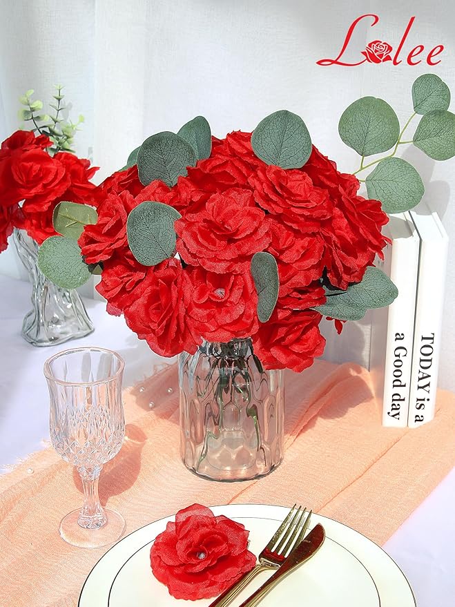 LELEE Rose Head Flowers with Stem - 108pcs Red Roses Artificial Flowers Bulk - Silk Rose Fake Flower for Wedding Bouquet Party Home Decor DIY Baby Shower Centerpieces Tables Decoration