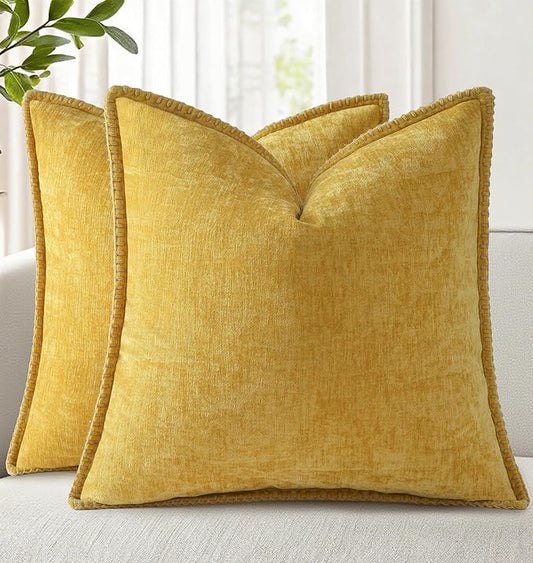 decorUhome Summer Chenille Soft Cozy Throw Pillow Covers 24x24 Set of 2, Modern Farmhouse Boho Velvet Decorative Euro Sham Pillow Cases with Stitched Edge for Couch Sofa Bed Home Decor, Mineral Yellow