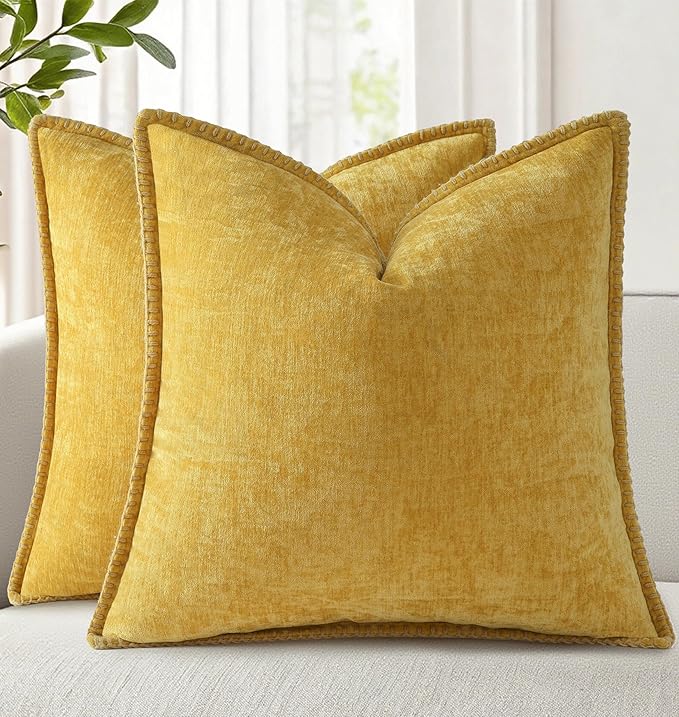 decorUhome Summer Chenille Soft Cozy Throw Pillow Covers 22x22 Set of 2, Modern Farmhouse Boho Velvet Decorative Euro Sham Pillow Cases with Stitched Edge for Couch Sofa Bed Home Decor, Mineral Yellow