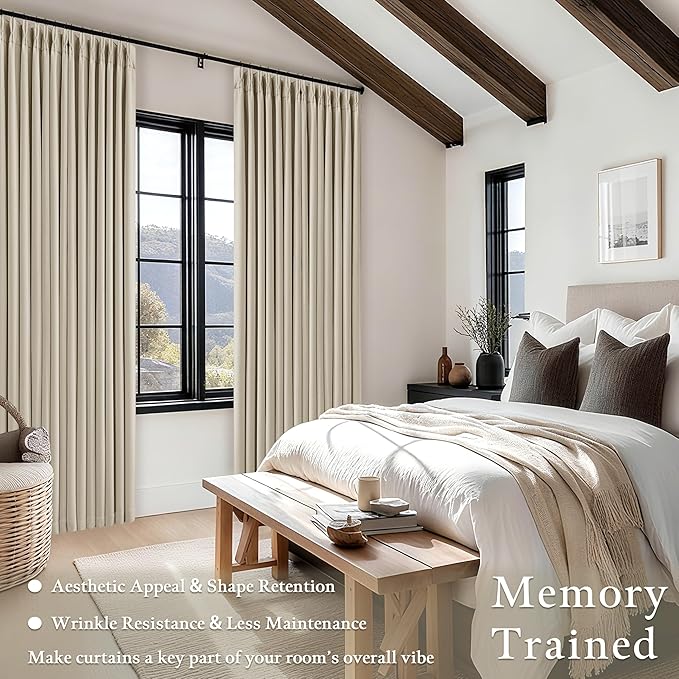 94 Inch Long Blackout Curtains Thick Linen Pinch Pleated Curtains 2 Panels for Bedroom Living Room Darkening Light Blocking Energy Save Pinch Pleat Back Tab 94 Inch Window Drapes Cream Beige Oatmeal