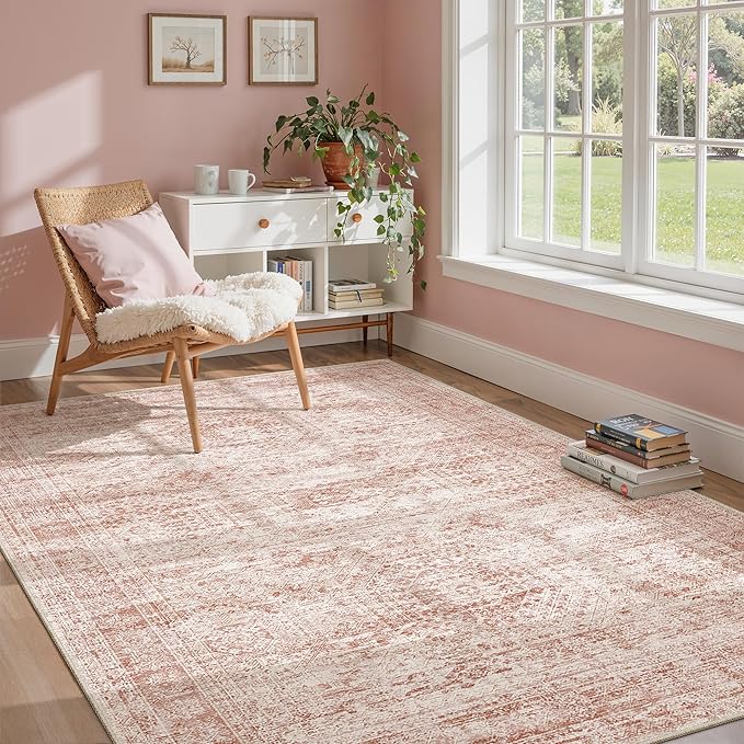 Soalmost 6x9 Area Rug for Living Room Washable Non-Slip Modern Rugs for Bedroom Dining Room Ultra-Thin Indoor Pink Rug