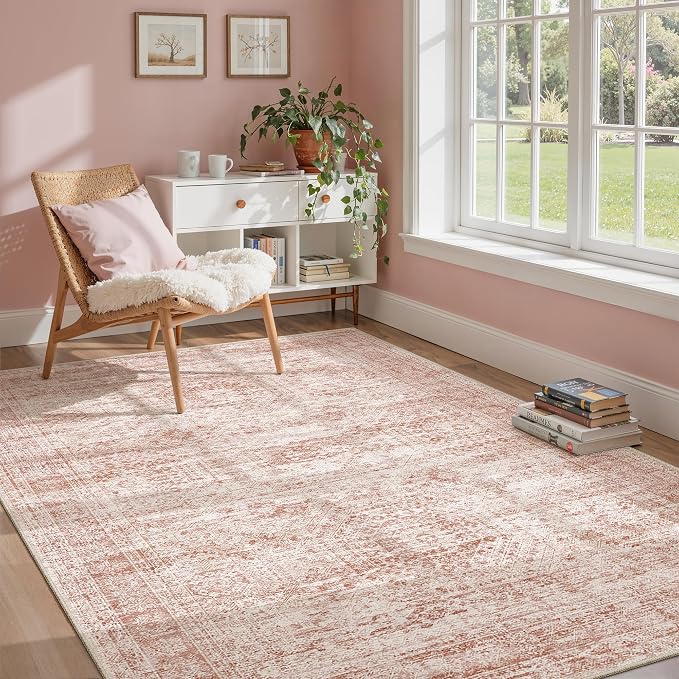 Soalmost 6x9 Area Rug for Living Room Washable Non-Slip Modern Rugs for Bedroom Dining Room Ultra-Thin Indoor Pink Rug