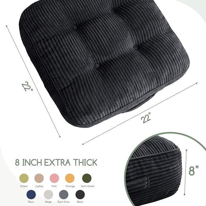 HIGOGOGO 8" Extra Thick Floor Pillow Cushion for Adults, Meditation Cushion Pillow, Large Square Floor Sitting, Tufted Corduroy Cover, for Tatami Living Room or Yoga, 22x22 Inch, 2Pack, Black
