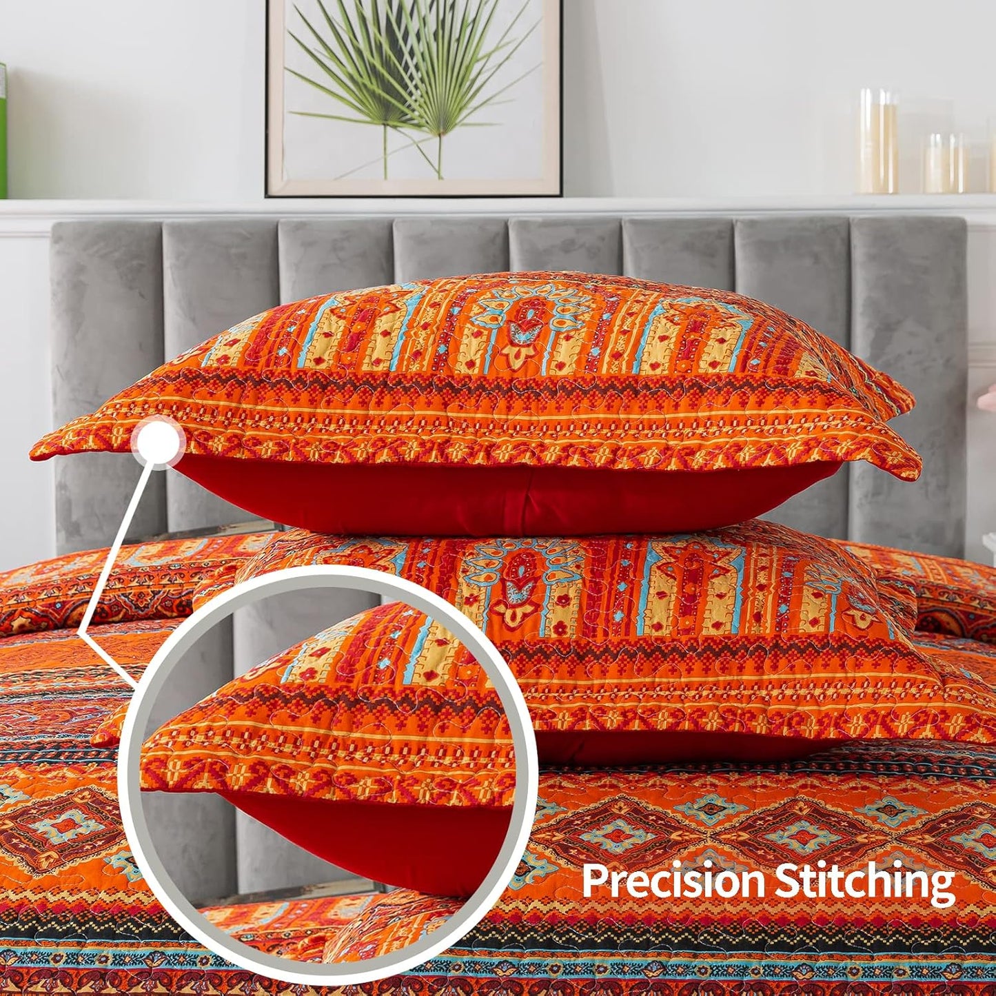 VAPUTAR Cotton Quilt King Size Bedding Set - 3 Pieces King Quilt Bedding Set, Boho King Size Quilts, Lightweight Reversible Coverlets Bedspreads for Farmhouse Bedroom (Red/Orange)