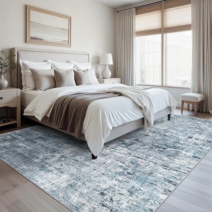 Soalmost Abstract Rug 8x10 Large Living Room Rugs Neutral Modern Washable Area Rugs for Bedroom Dining Room Non-Slip Stain Resistant Foldable Thin Blue