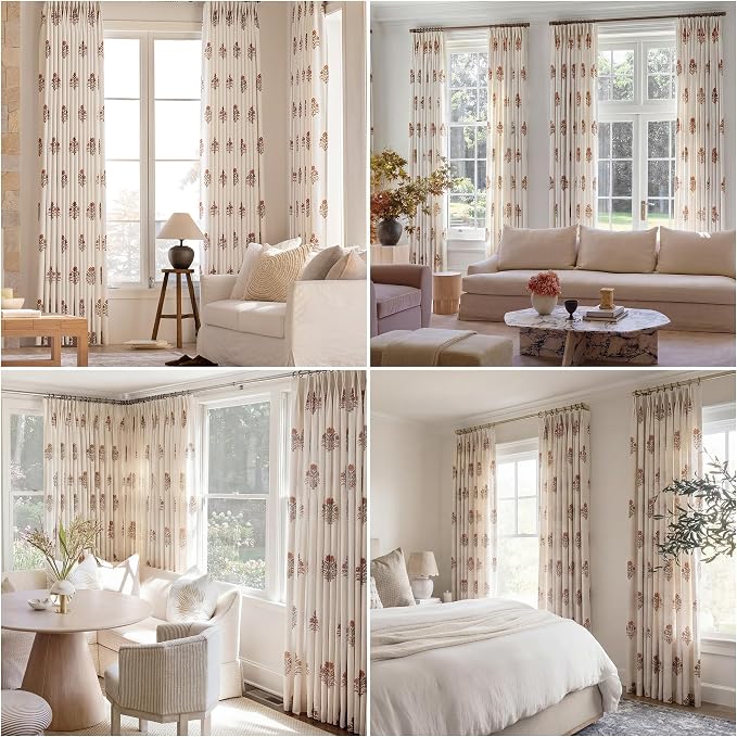 Pinch Pleated Curtains for Living Room: Light Filtering Floral Curtains 84" White Brown Linen Blend Drapes for Bedroom Dining Room Nursery, OEKO-TEX Certified, Easy Care, 2 Panels Set, 40"x84"