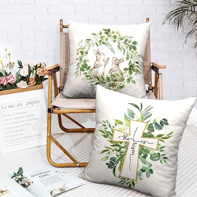 Spring Easter Throw Pillow Case Set of 2 Bunny Leaves Wreath Garland Cushion Covers for Easter Decorations Couch Sofa He is Risen Cross Pillowcase 16x16
